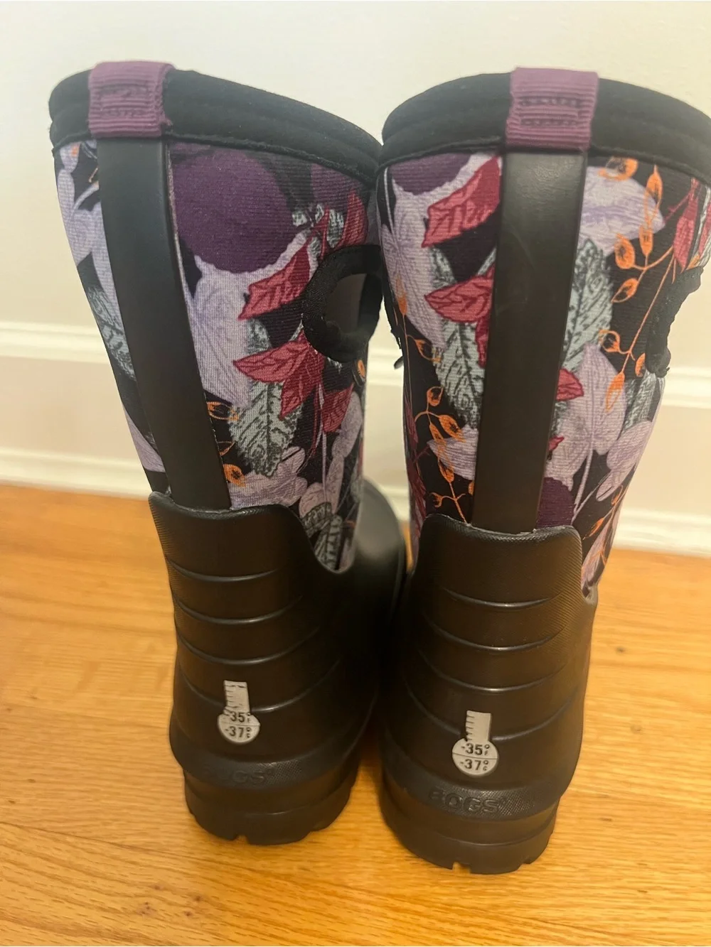 Bogs Black Rain Boots with Purple Floral